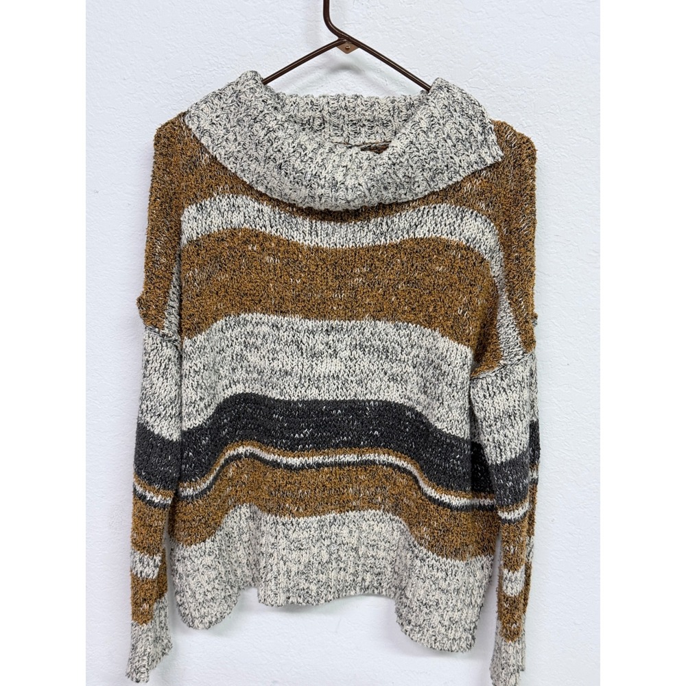 By Together Collection Striped Cowl Neck Sweater Marled Knit Mustard Grey M/L